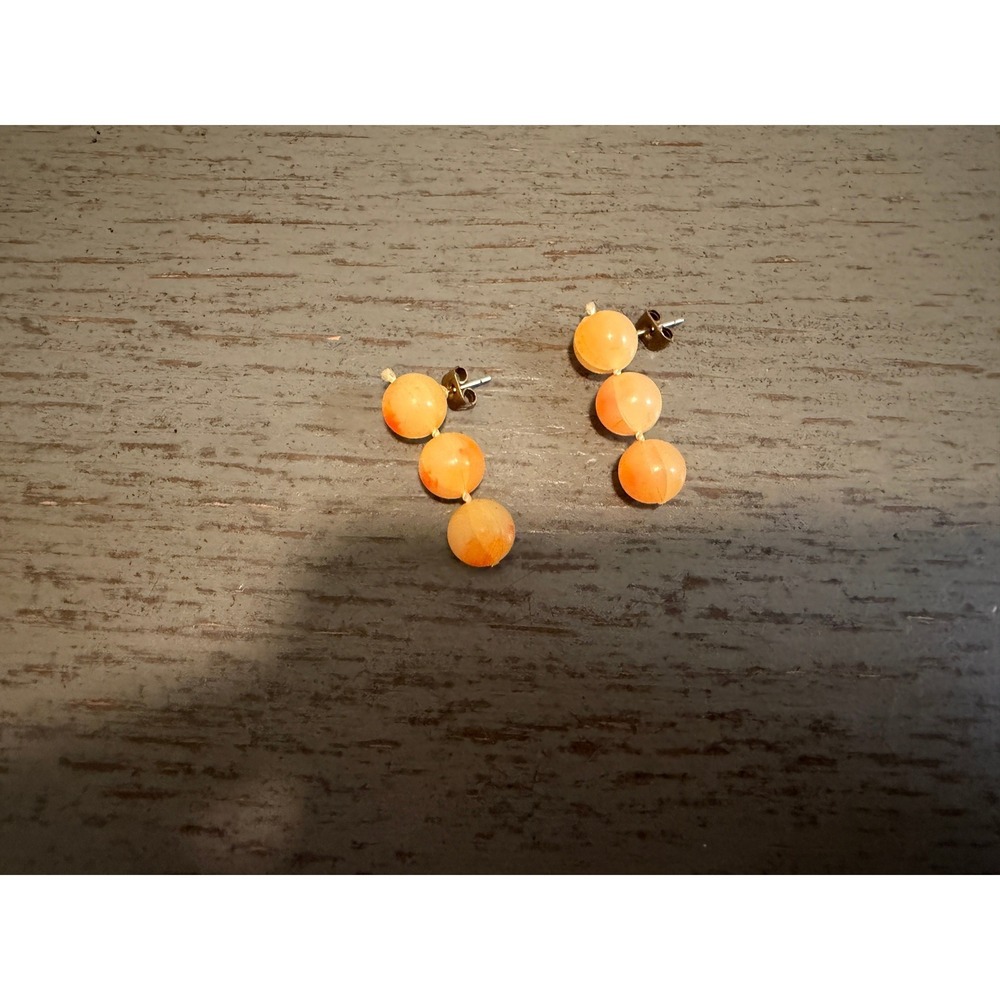 Orange Triple Round Bead Drop Earrings Post Back Marbled Resin Dangle 1 Inch